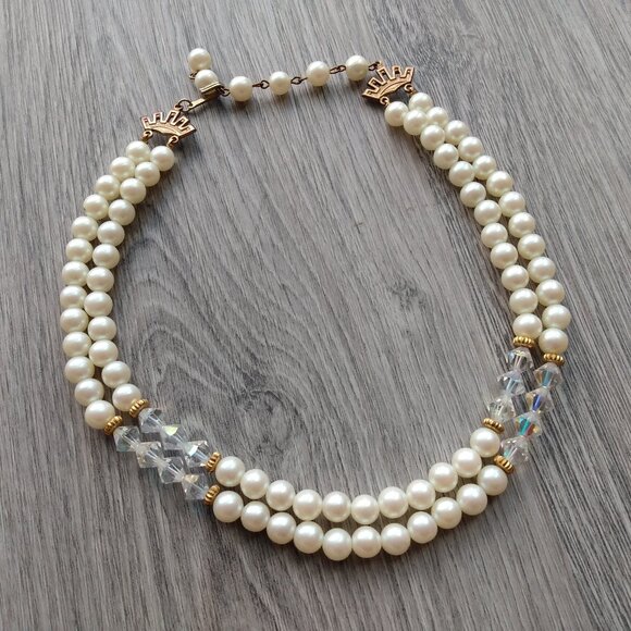 Vintage Faux Pearl Aurora Borealis Beaded Necklace Double Strands Formal - Picture 1 of 7